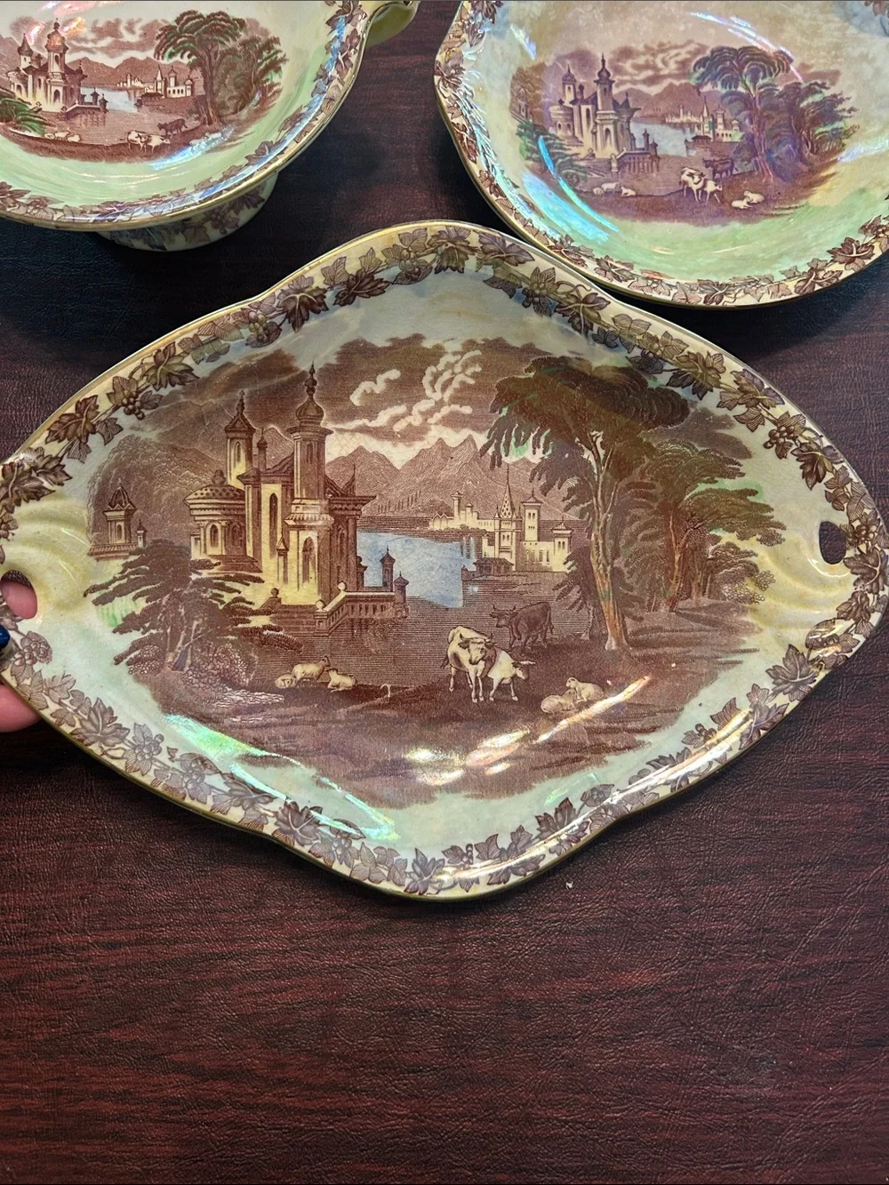Vintage Maling Newcastle On Tyne England China Serving Set; Brown & Cream Lustre